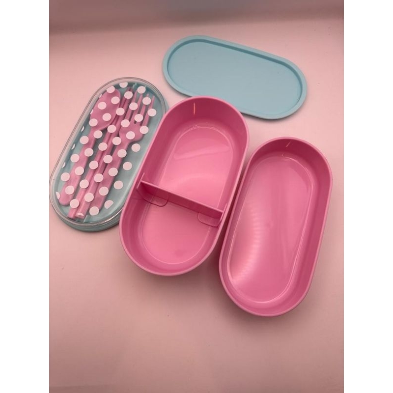 2 tier Japanese lunch box pink polka dot lunch box utensil cutlery food box school snack box reusable takeaway box