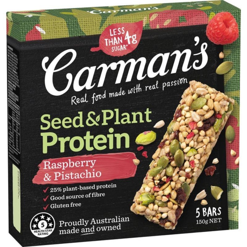 Carman's seed and plant protein seed bar energy bar raspberry pistachio gluten free energy bars plant based protein bar