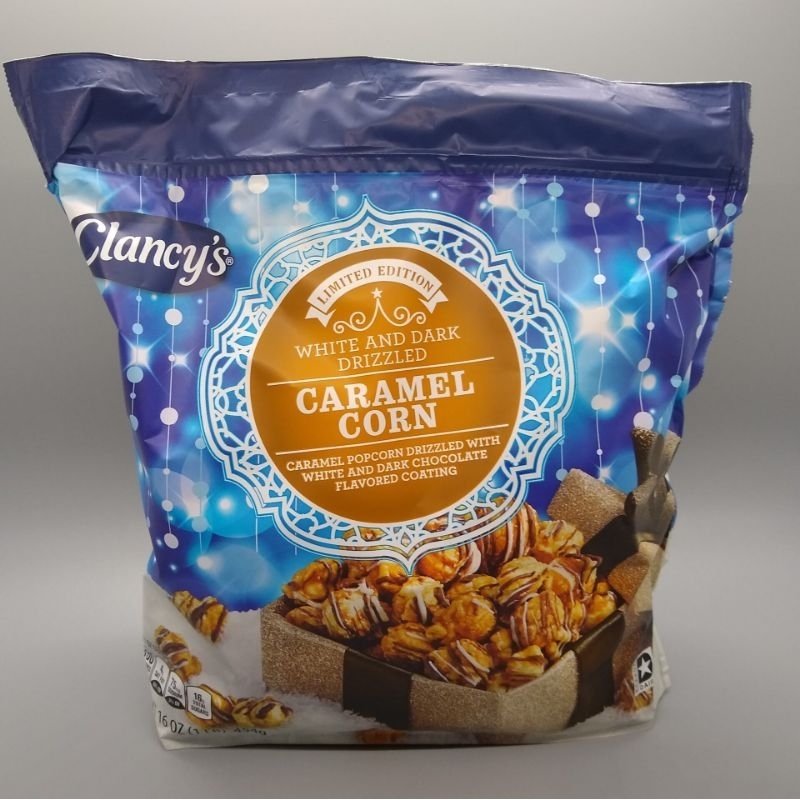 Clancy's white and dark drizzled caramel crisp caramel corn Christmas edition popcorn sweet popcorn kernels treats