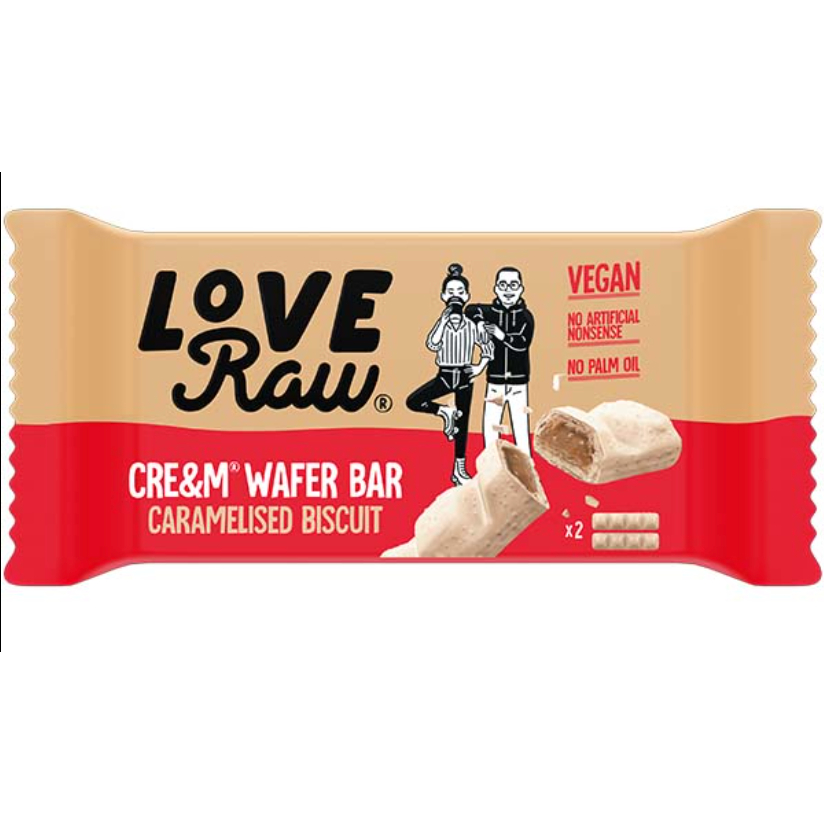 LoveRaw Vegan Cream Wafer Bar Milk Chocolate With Hazelnut Caramelised Biscuit White Choc Salted Caramel