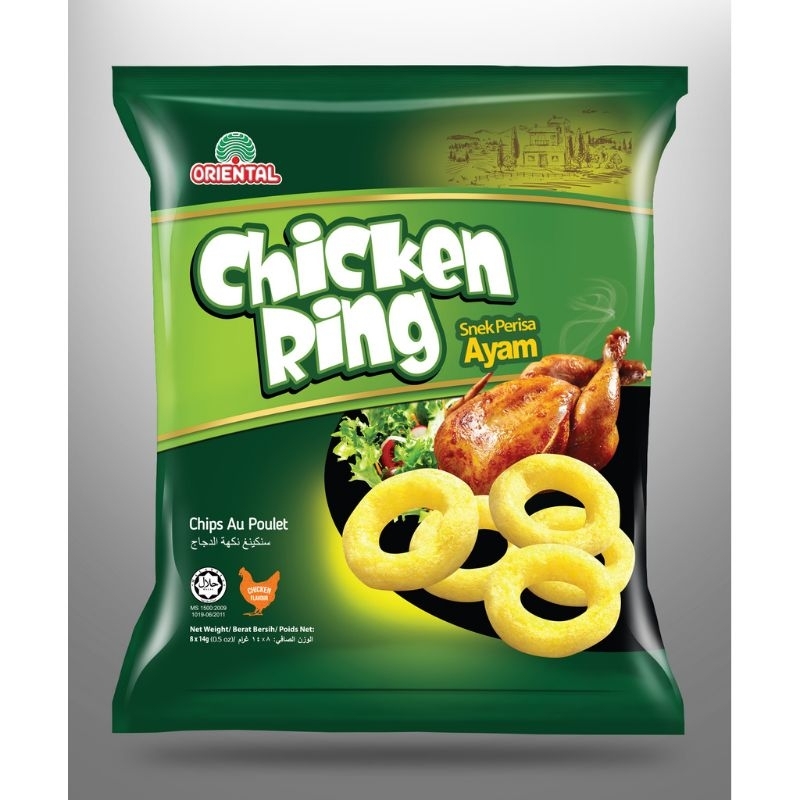 Oriental family pack chicken rings corn snack tidbits chicken flavoured corn chips canteen snacks tidbits children ring