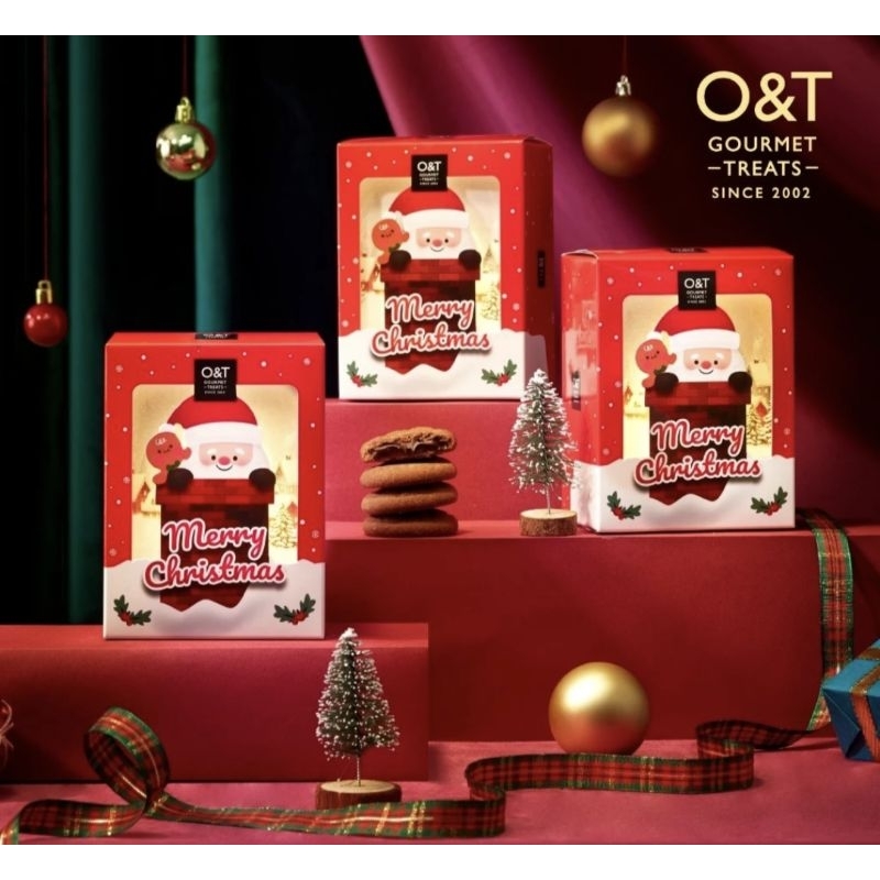 O&T Santa on chimney gourmet Christmas treats O&T gourmet food Hazelnut Melts Chocolate Cookie Christmas biscuit tidbit