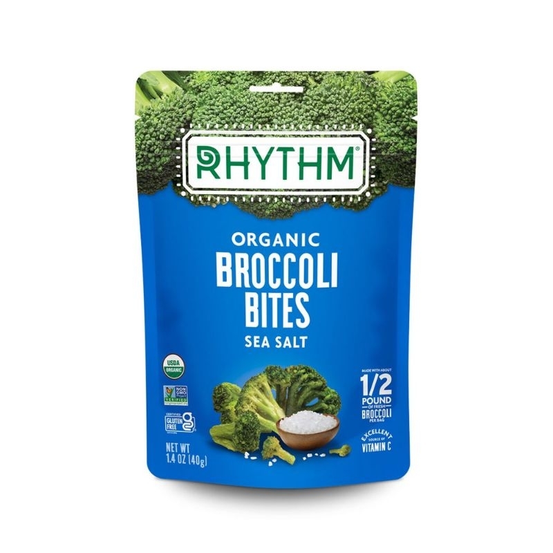 Rhythm organic cauliflower snack Rhythm organic broccoli snack plant based snack healthy vegetable chip snacking tidbits