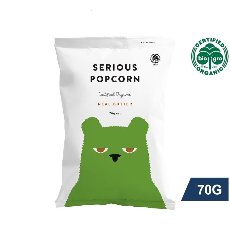 Serious food company Serious Popcorn Organic Real Butter Popcorn New Zealand Organic Popcorn savory snacks movie snacks