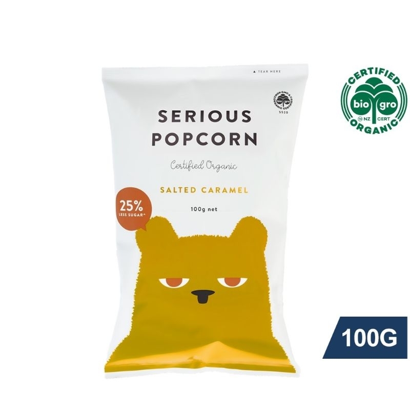 Serious food company Serious Popcorn Organic Salted Caramel Popcorn New Zealand movie snacks certified organic popcorn