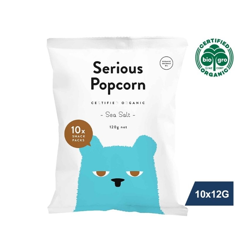 Serious food company Serious Popcorn Organic Sea Salt Popcorn New Zealand certified Organic Popcorn savory movie snacks