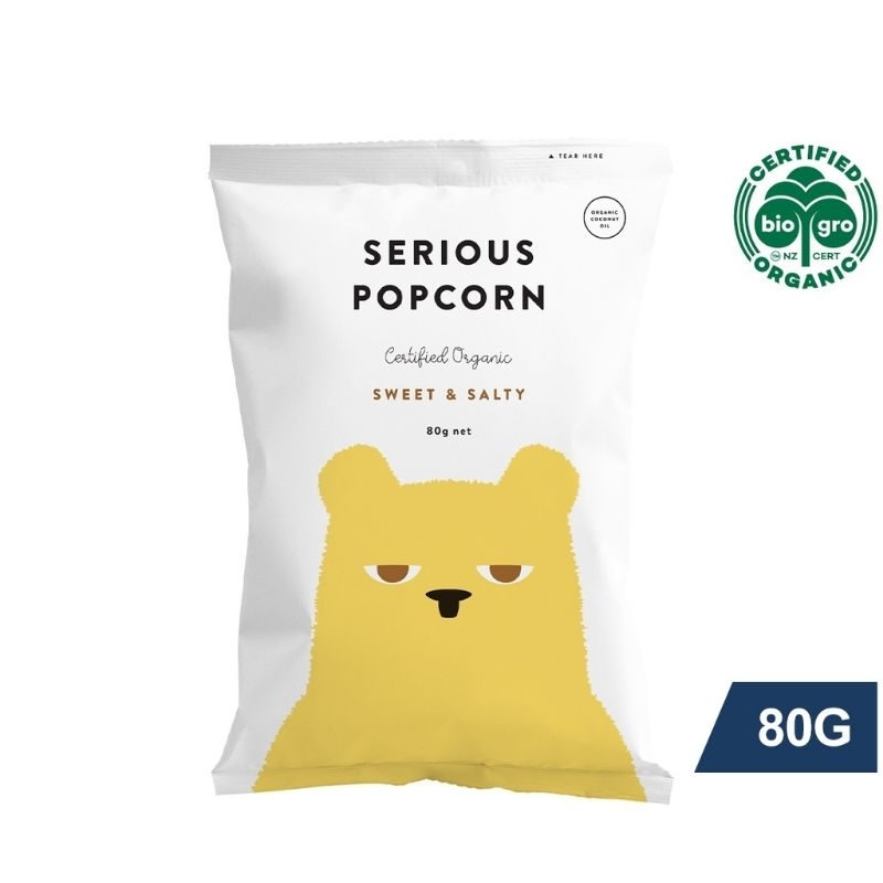 Serious food company Serious Popcorn Organic Sweet and Salty Popcorn New Zealand movie snacks certified organic popcorn